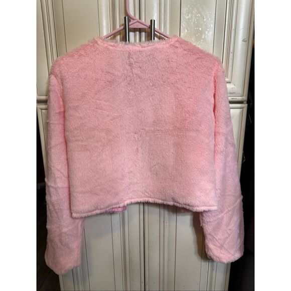 Seeing Red Girls Plush Faux Fur Long Sleeve Open Front Jacket Pink Small Medium - Picture 4 of 9